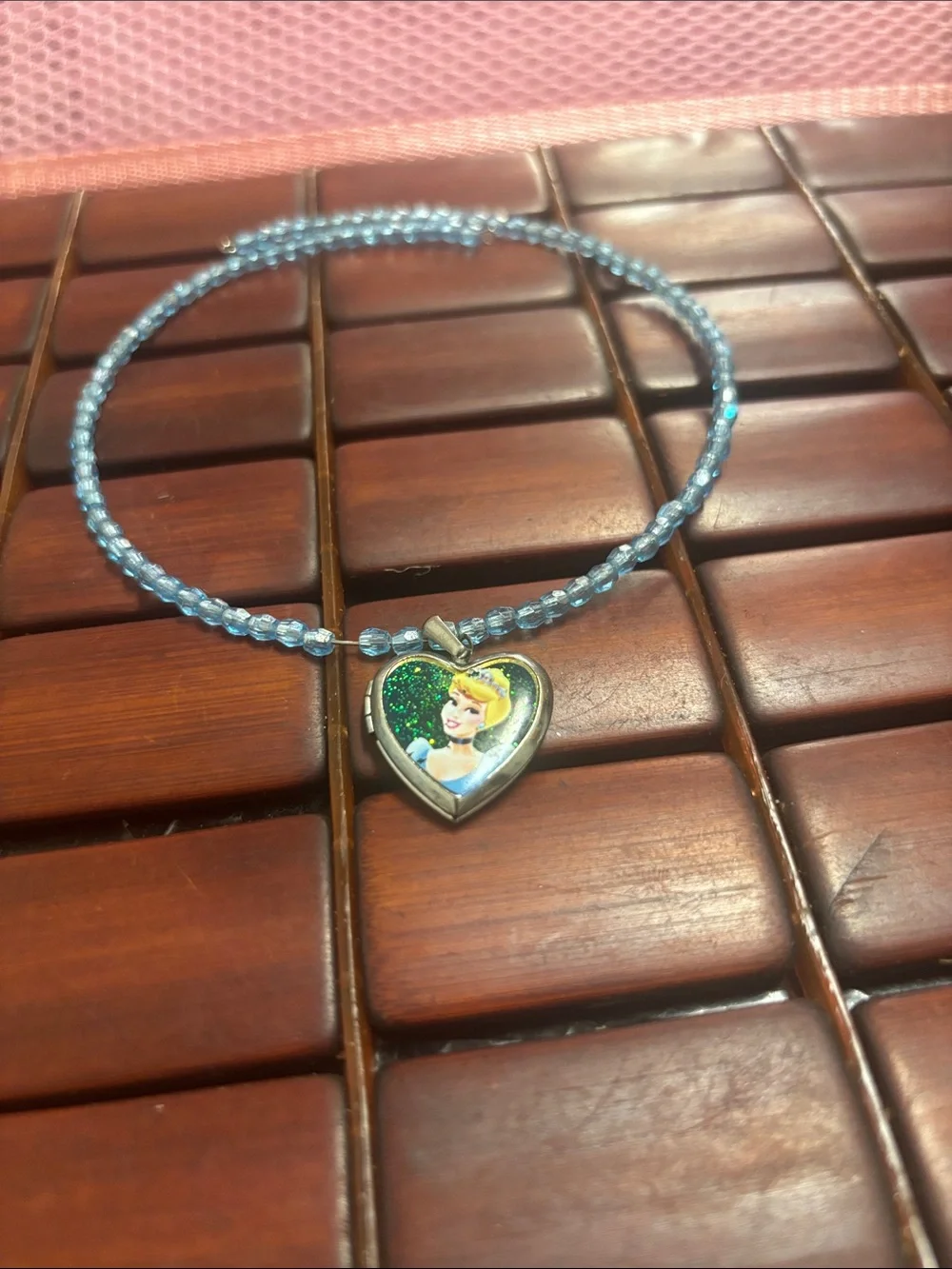 Vintage Blue Beaded kids choker with Cinderella Heart locket Charm.